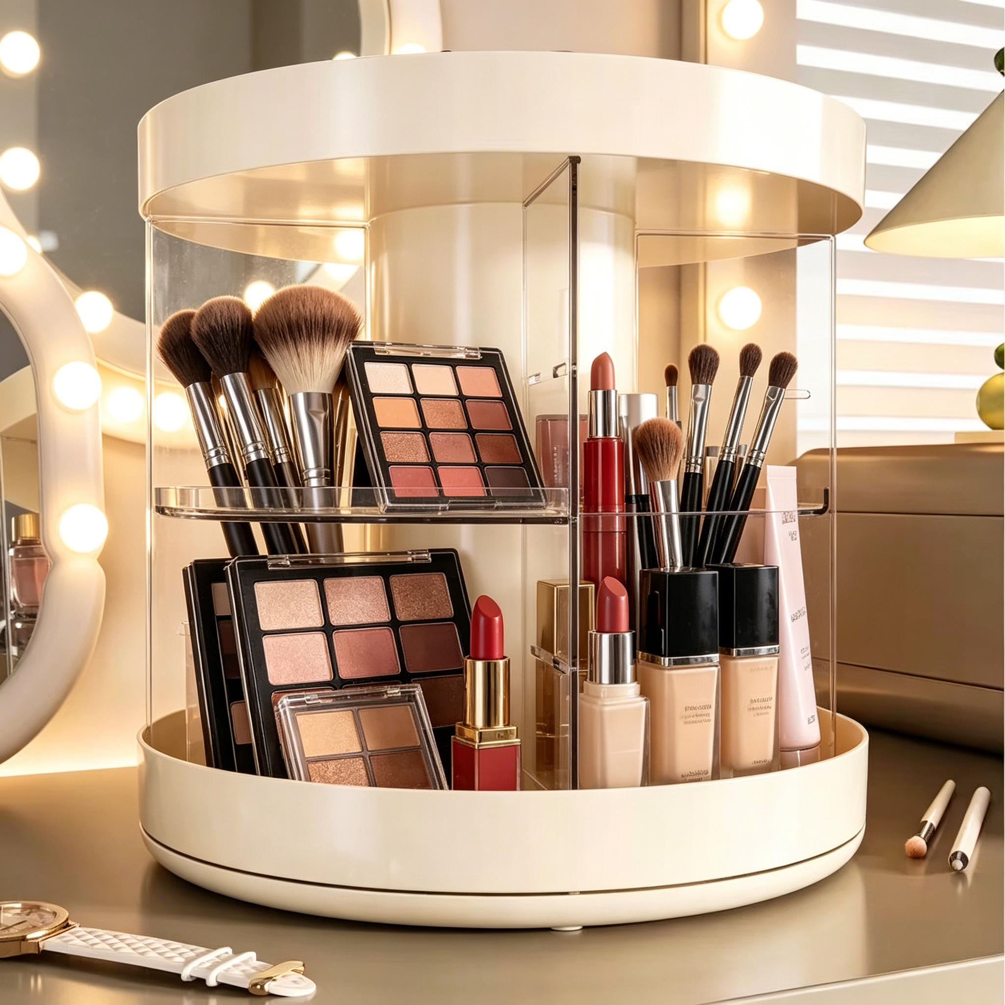 Luxury Skincare Display - Rotating Layered Makeup Organizer with Dust
